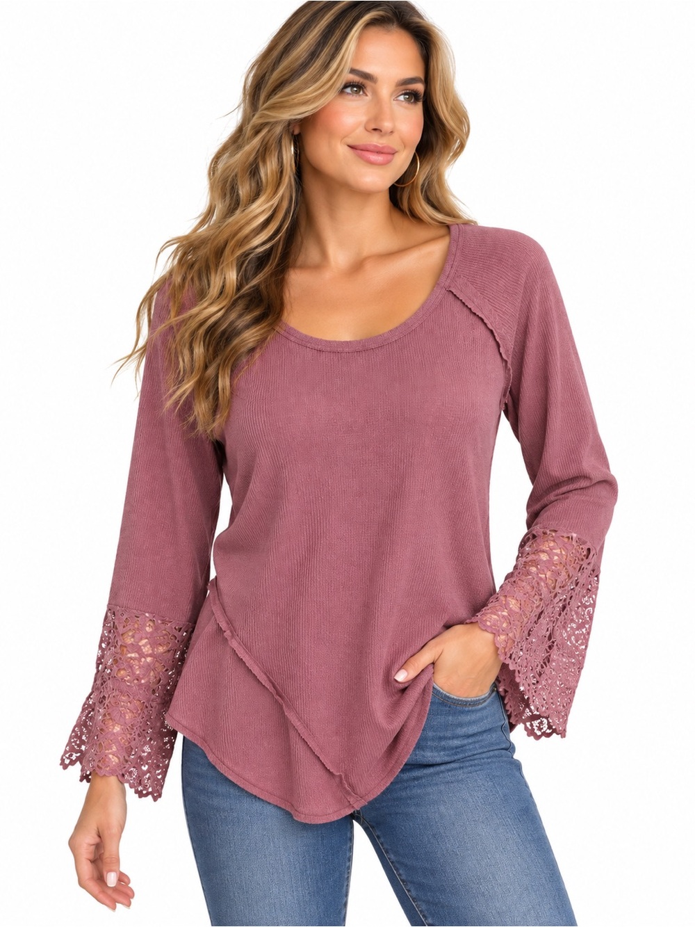 BKE Women's Dusty Rose Lace-Sleeve Scoop Neck Top